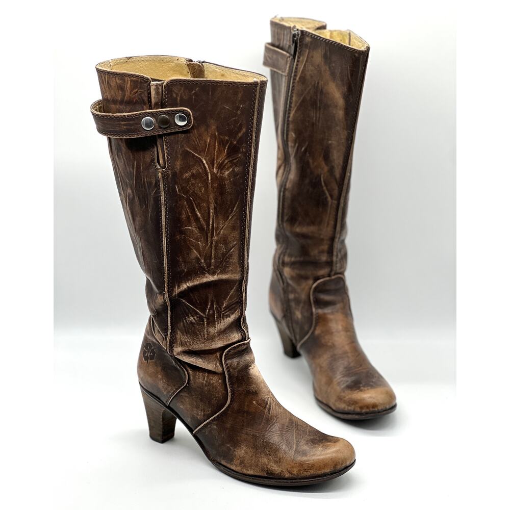U ROADS Heeled Boots Womens 8 Brown Distressed Leather Knee High Round Toe - Picture 1 of 16